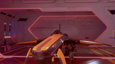 Futuristic hangar interior featuring a sleek, high-tech spacecraft. Stock Footage 311858107