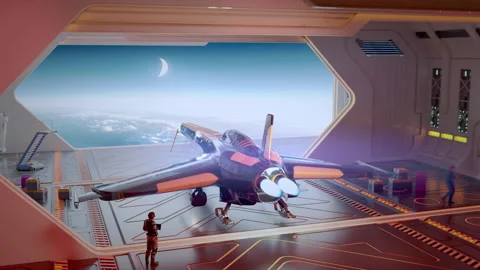 Futuristic hangar interior featuring a sleek, high-tech spacecraft. Stock Footage 312352620