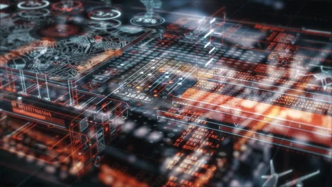 Futuristic head-up display with a map, showing data analysis Stock Footage 303203746