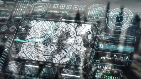 Futuristic head-up display showing city map with navigation and data elements Stock Footage 307260984