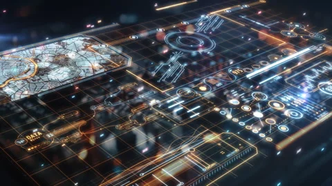 Futuristic head-up display showing data analysis with glowing lines and circles 스톡 동영상 297234675