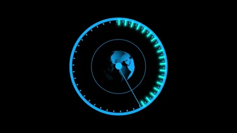Futuristic heads-up display with blue circular HUD, globe, and pointer on d.. Stock Footage 321582790