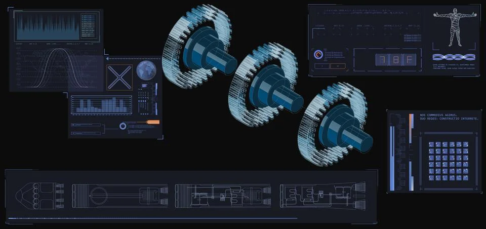 Futuristic heads up display with data visualization. Shows 3D mechanical mode 스톡 일러스트