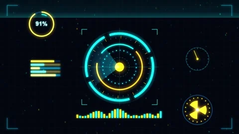 Futuristic heads up display with glowing tech elements and circular radar i.. Stock Footage 345127397