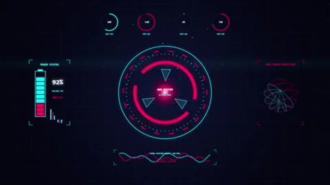 Futuristic heads up display system analyzing digital power status on dark b.. Stock Footage 345334391