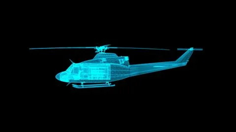 Futuristic Helicopter Wireframe in Digital Blue on Black Background Stock Illustration