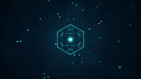Futuristic hexagon core with rotating data streams in dark digital cyberspa.. Stock Footage 342431605