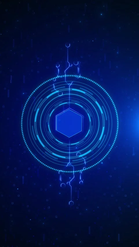 Futuristic hexagon data interface with cyan circular HUD rings, glowing nodes, Stock Footage 333859831