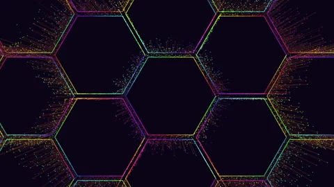 Futuristic hexagon grid with neon particle lines, technology network background Stock Footage 333188268