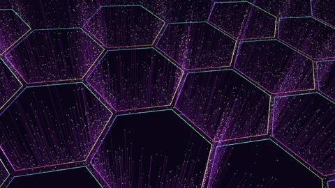 Futuristic hexagon grid with neon particles and data streams, tech background Video stock 333188274