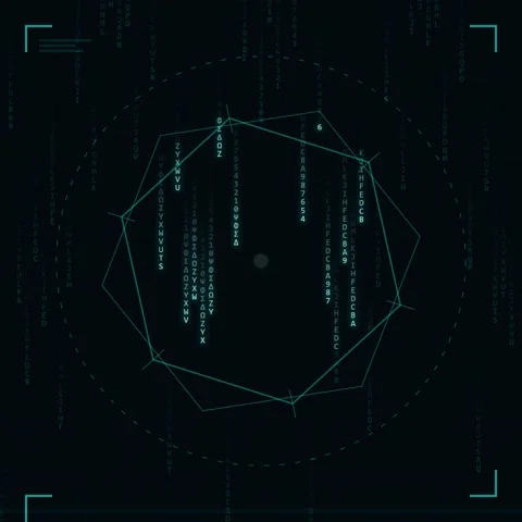 Futuristic Hexagon HUD Interface with Matrix Code Rain Overlay Stock Footage 347264817