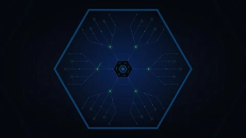 Futuristic hexagonal digital network interface with pulsing data nodes and .. Stock Footage 337566443