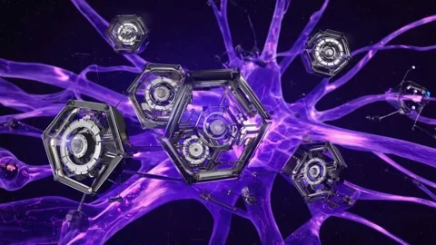 Futuristic hexagonal drones connect to glowing purple neural network abstra.. Stock Footage 321340525