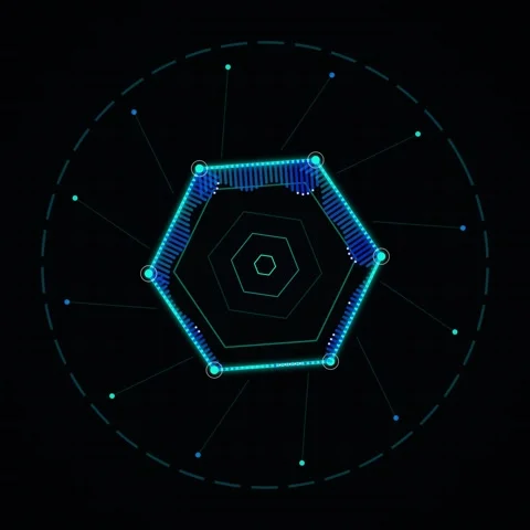 Futuristic Hexagonal HUD Interface with Glowing Blue Lines and Data Points Stock Footage 347261361