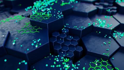 Futuristic Hexagonal Landscape with Neon Green Details Stock Illustration