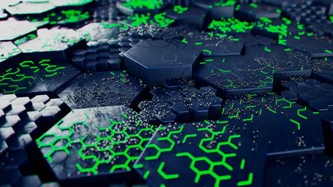 Futuristic Hexagonal Landscape with Neon Green Details Stock Illustration