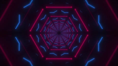 Futuristic hexagonal neon tunnel glowing with blue and magenta light kaliedoscop 스톡 동영상 262595857