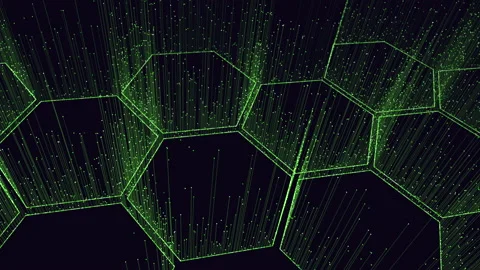 Futuristic hexagons pattern with neon dots and lines Stock Footage 221321015