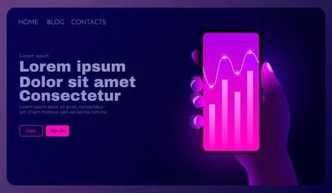 Futuristic hi tech mobile technology concept. Market trend graphs analysis on Stock Illustration