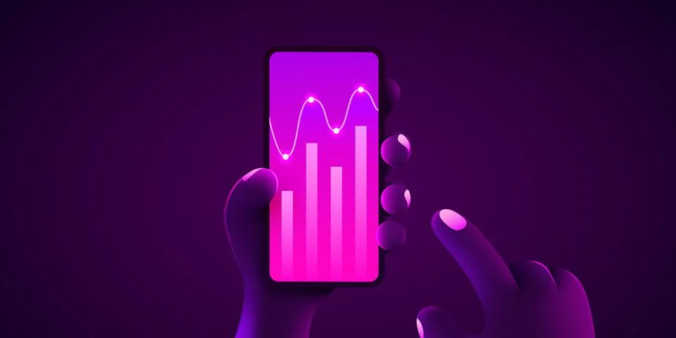 Futuristic hi tech mobile technology concept. Market trend graphs analysis on Stock Illustration
