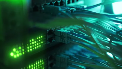 Futuristic High-Speed Data Center Network Connections. Fiber Optic and Ethernet Stock Footage 322755734