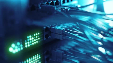 Futuristic High-Speed Data Center Network Connections. Fiber Optic and Ethernet Stock Footage 333701697