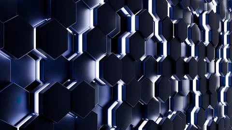 Futuristic, High Tech, dark background, with a hexagon block light. Wall texture Stock Illustration