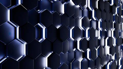 Futuristic, High Tech, dark background, with a hexagon block light. Wall texture Illustrazione stock