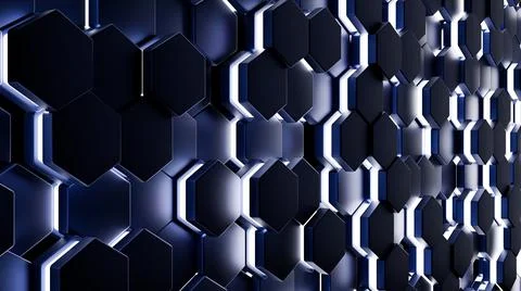 Futuristic, High Tech, dark background, with a hexagon block light. Wall texture Stock Illustration