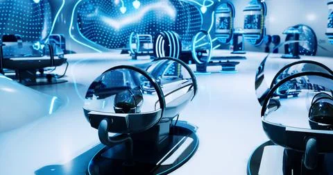 Futuristic high tech room filled with sleek capsules and glowing displays Illustrazione stock