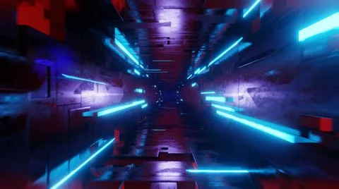 Futuristic high tech tunnel with blinking neon ribbons. 3d render illustratio イラスト素材