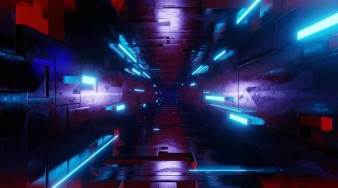 Futuristic high tech tunnel with blinking neon ribbons. 3d render illustratio Stock Illustration