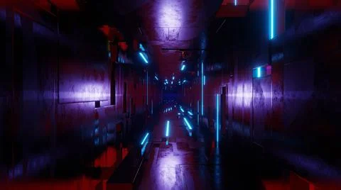 Futuristic high tech tunnel with blinking neon ribbons. 3d render illustratio Stock Illustration