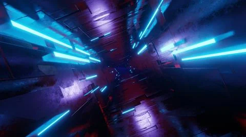 Futuristic high tech tunnel with blinking neon ribbons. 3d render illustratio Stock Illustration