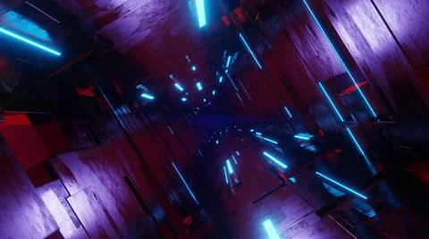 Futuristic high tech tunnel with blinking neon ribbons. 3d render illustratio Illustrazione stock