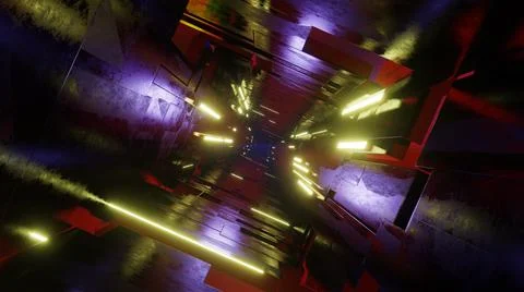 Futuristic high tech tunnel with blinking neon ribbons. 3d render illustratio 스톡 일러스트