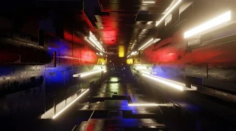 Futuristic high tech tunnel with blinking neon ribbons. 3d render illustratio Stock Illustration