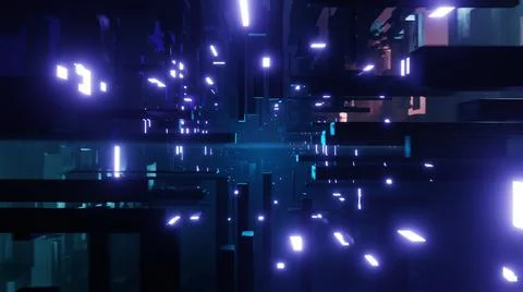 Futuristic high tech tunnel with blinking neon ribbons. 3d render illustratio Stock Illustration