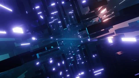 Futuristic high tech tunnel with blinking neon ribbons. 3d render illustratio Stock Illustration
