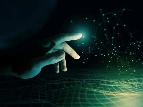 Futuristic hight technology background with hand touching connected dots and Illustrazione stock