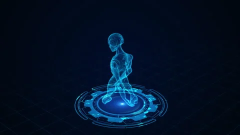 Futuristic Hologram of Human Figure in Virtual Reality Grid Environment Stock Footage 339058509