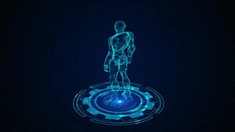 Futuristic Hologram Robot on Blue Grid in Digital High-Tech Environment Stock Footage 339055311