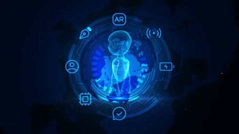 Futuristic Hologram of a Robot with Digital Interface and Tech Symbols 库存影片 339112579