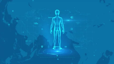 Futuristic Holographic Alien on Digital World Map Background Stock Footage 342003968