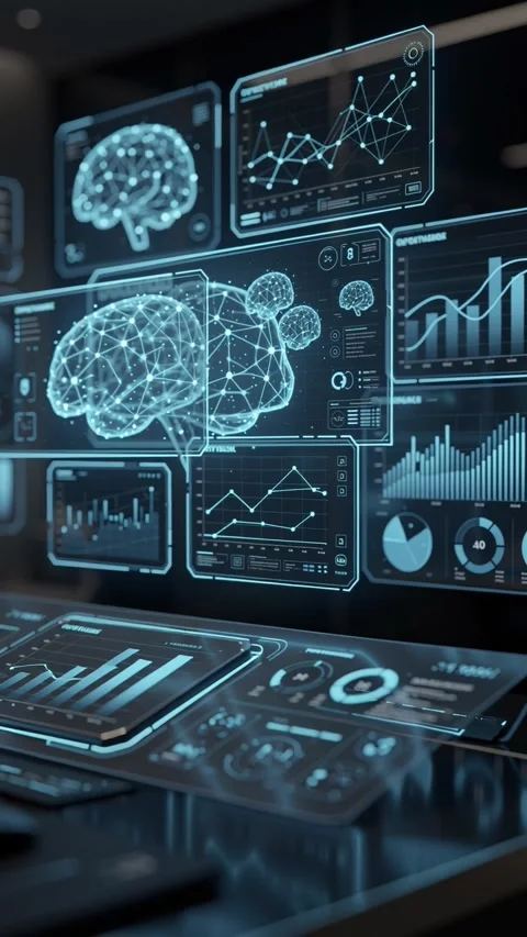 Futuristic Holographic Brain Interface with AI Data Analytics Dashboard Stock Footage 340844642
