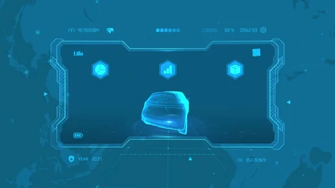 Futuristic Holographic Car Interface Display with Digital Blue Map Overlay Stock Footage 341375123