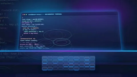 Futuristic Holographic Computer Interface with Scrolling Blue Code and Digital Stock Footage 341827238