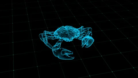 Futuristic Holographic Crab in Digital Grid Environment Depiction 库存影片 342781434