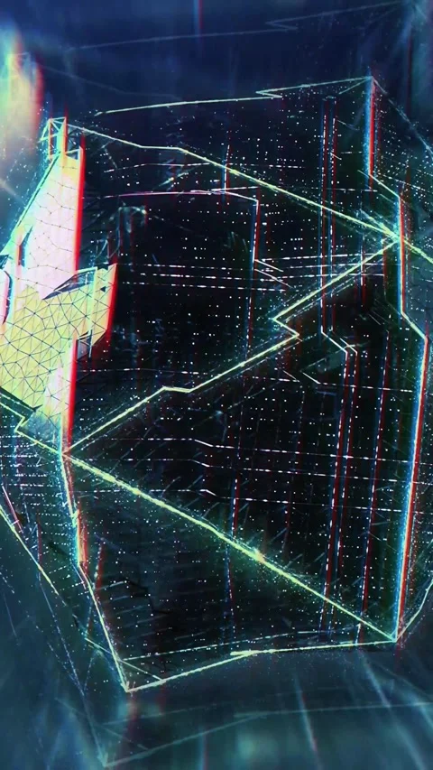 Futuristic Holographic Crystal Cube Rotating in Hyperspace with Neon Light Stock Footage 346690191