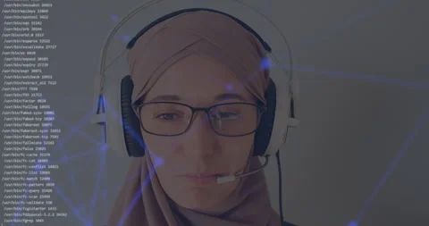 Futuristic holographic data code. Face young adult muslim woman eye glasses Vídeo Stock 259304061